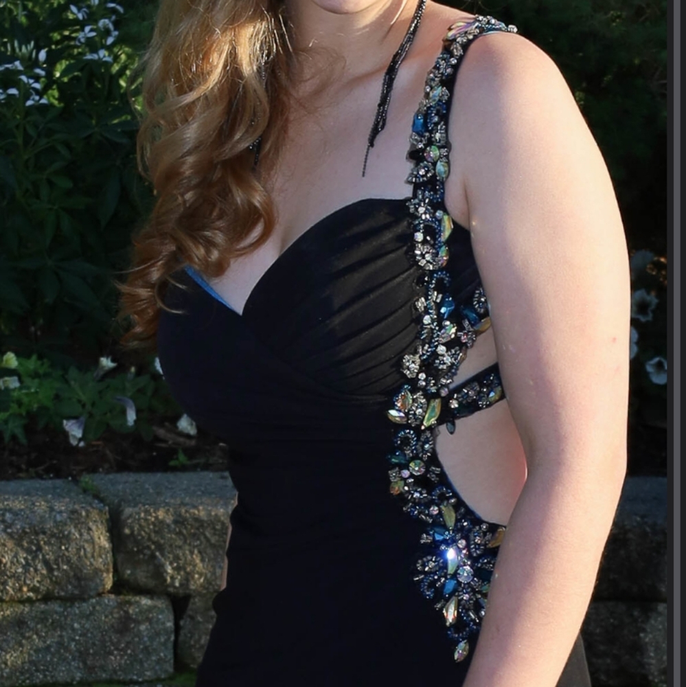 Women's Black & Royal Blue Beaded Jaoy Couture Floor Length Dress - Picture 3 of 16